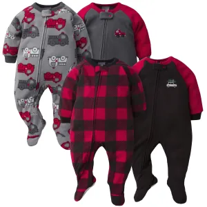 4-Pack Baby Boys Fire Trucks & Plaid Fleece Pajamas