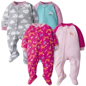 4-Pack Baby Girls Foxes & Clouds Fleece Pajamas