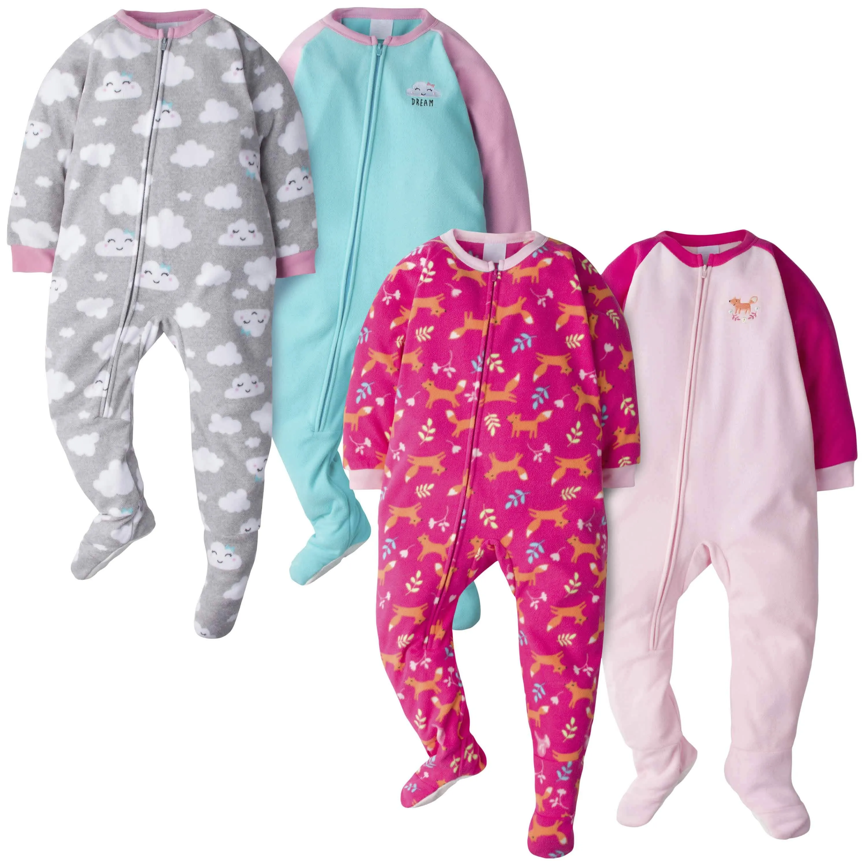 4-Pack Toddler Girls Foxes & Clouds Fleece Pajamas