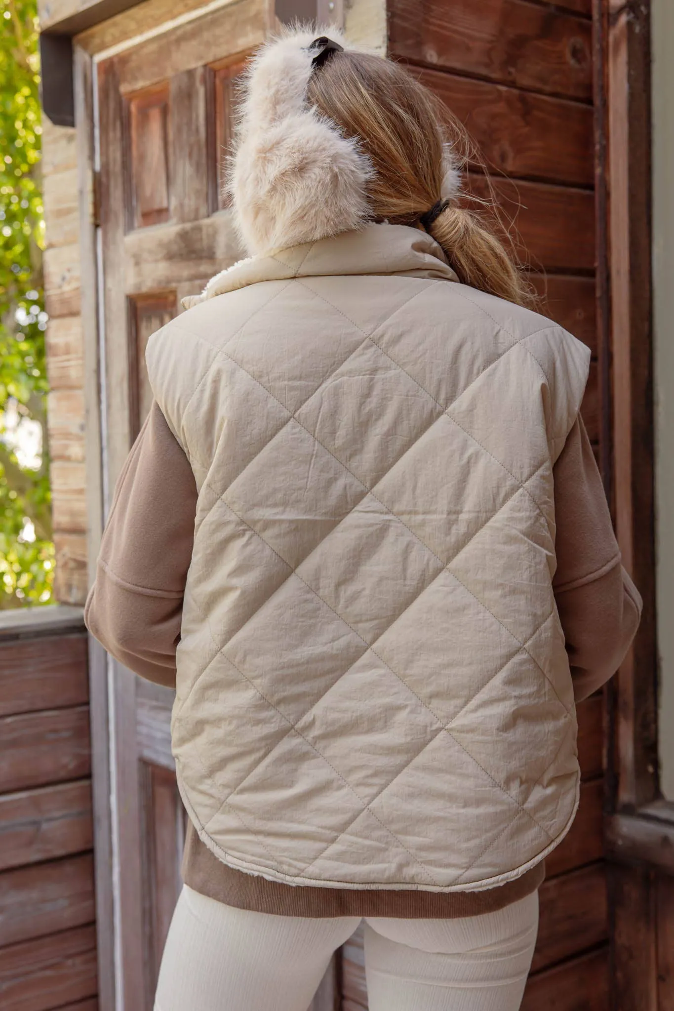 Beige Quilted Zip Up Fleece Vest