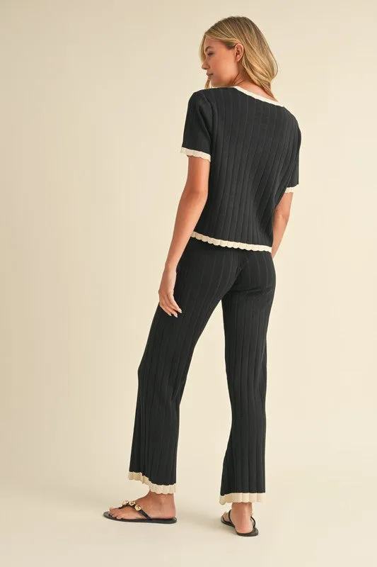 Belle Short Sleeve Ribbed Sweater Top And Pants Set Black