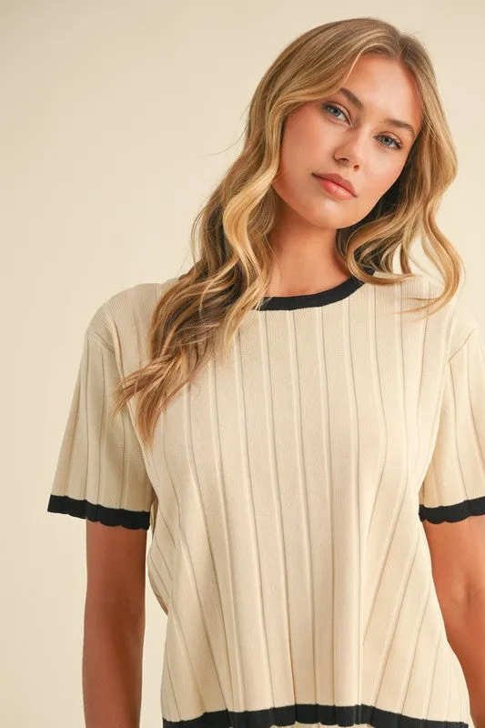 Belle Short Sleeve Ribbed Sweater Top And Pants Set Cream