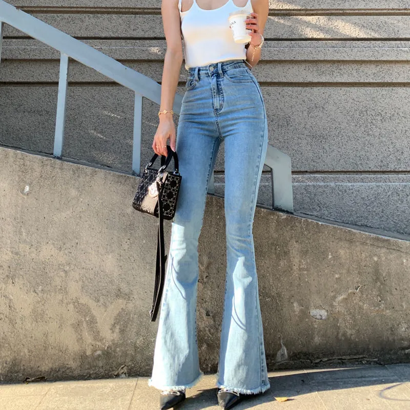 Casual High Waist Slim Flare Jeans High Street Vintage Stretchable Boot Cut Denim Pants