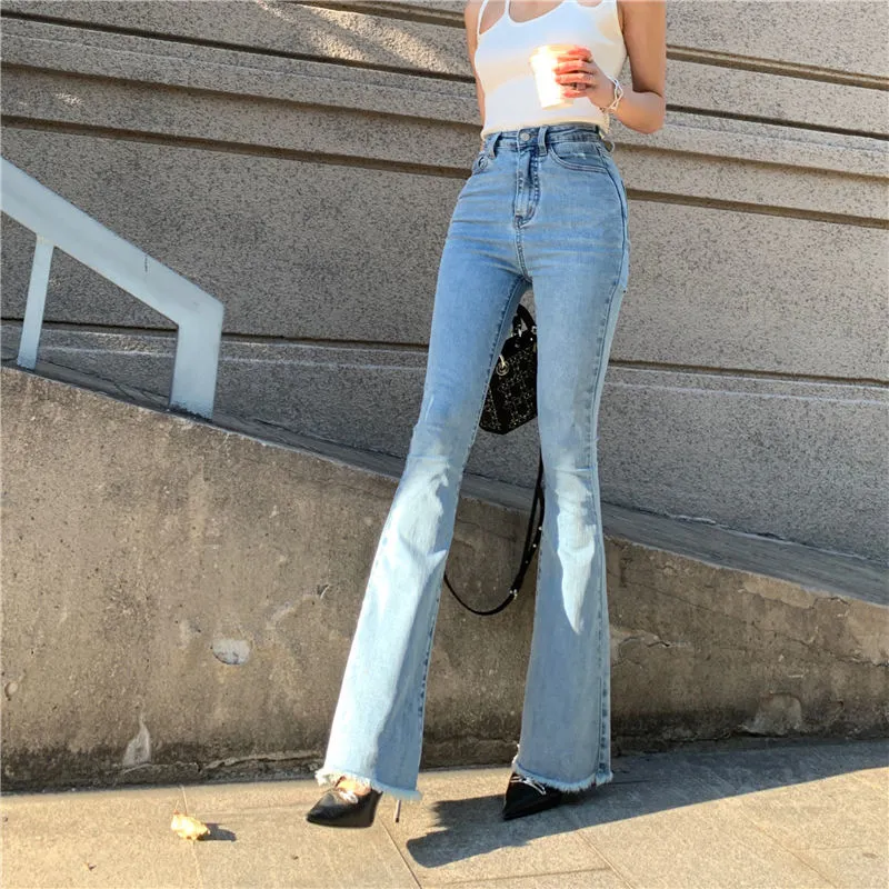 Casual High Waist Slim Flare Jeans High Street Vintage Stretchable Boot Cut Denim Pants