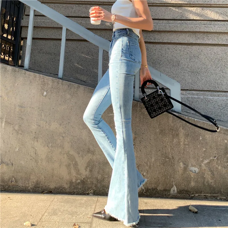 Casual High Waist Slim Flare Jeans High Street Vintage Stretchable Boot Cut Denim Pants