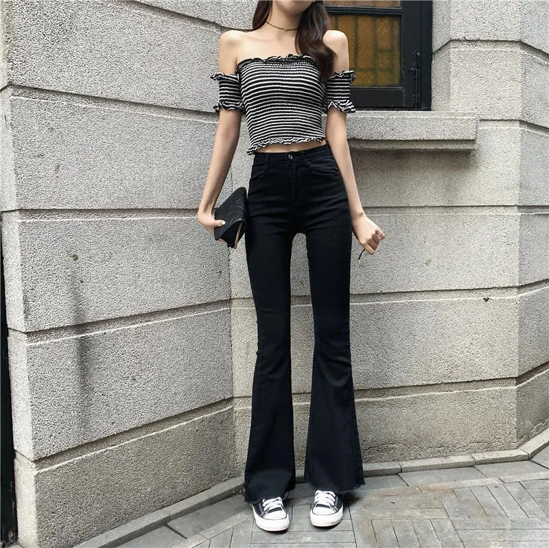 Casual High Waist Slim Flare Jeans High Street Vintage Stretchable Boot Cut Denim Pants