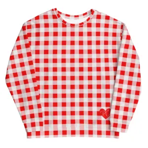 Cherry Red Vintage Gingham Long-Sleeved Crewneck Sweatshirt | Pinup Couture