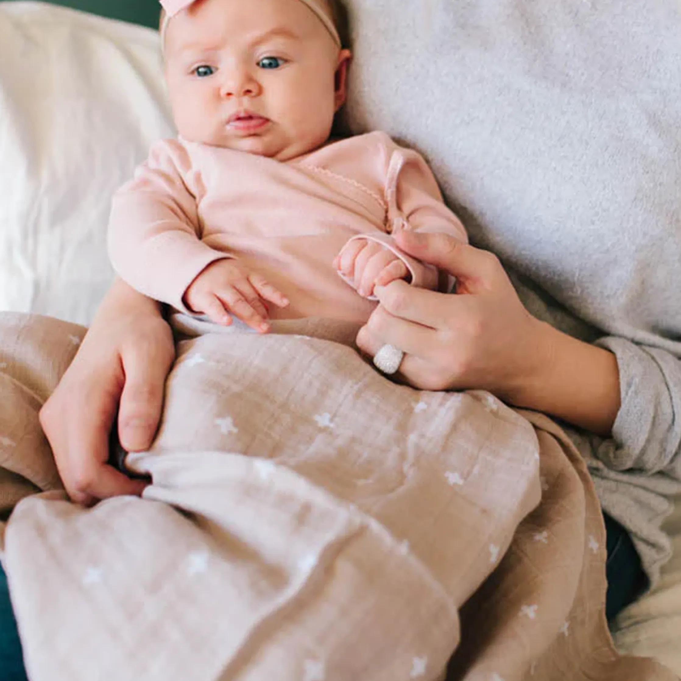 Cotton Muslin Swaddle Blanket - Taupe Cross