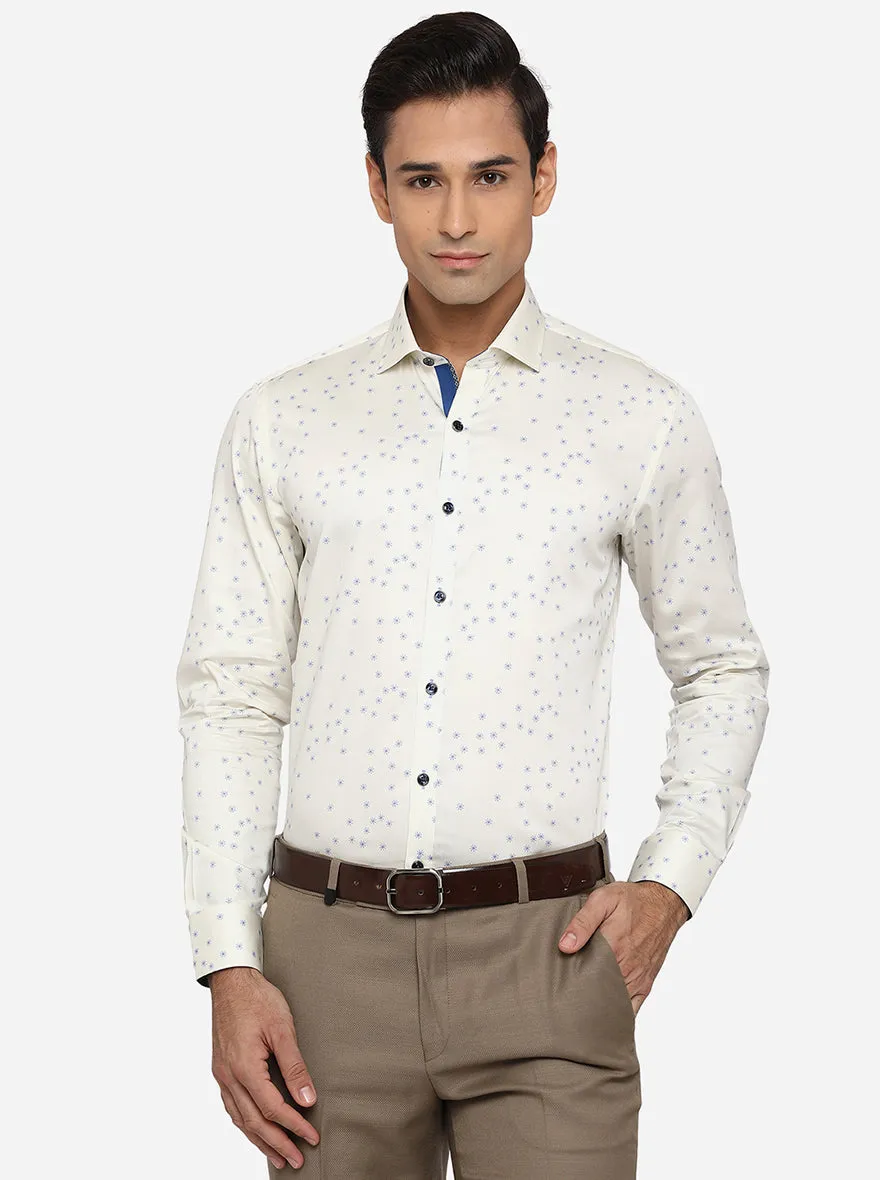 Cream & Blue Printed Slim Fit Party Wear Shirt | JB Studio