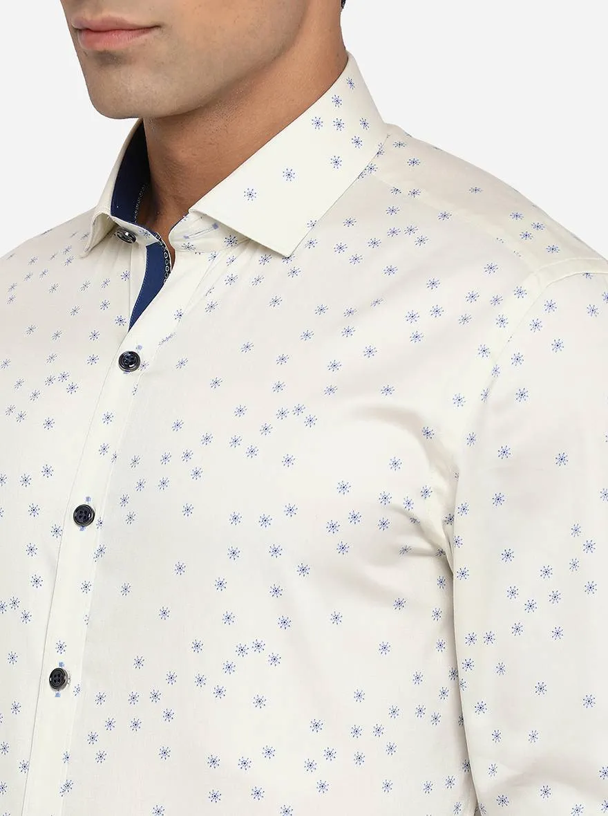 Cream & Blue Printed Slim Fit Party Wear Shirt | JB Studio