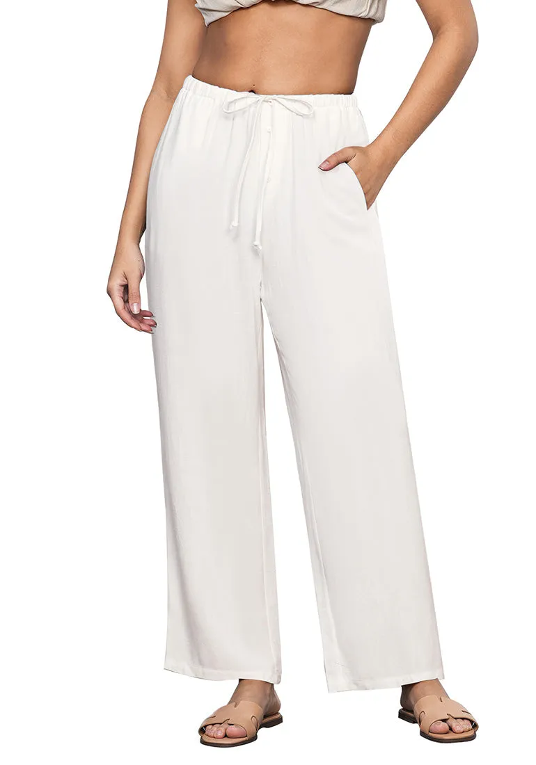 Cream White Lightweight Casual Quick Dry Breathable Comfy Wide Leg Pant Elastic Waist