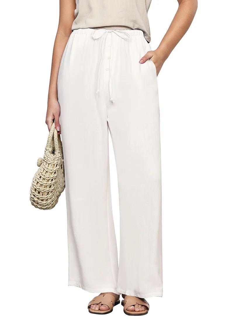 Cream White Lightweight Casual Quick Dry Breathable Comfy Wide Leg Pant Elastic Waist