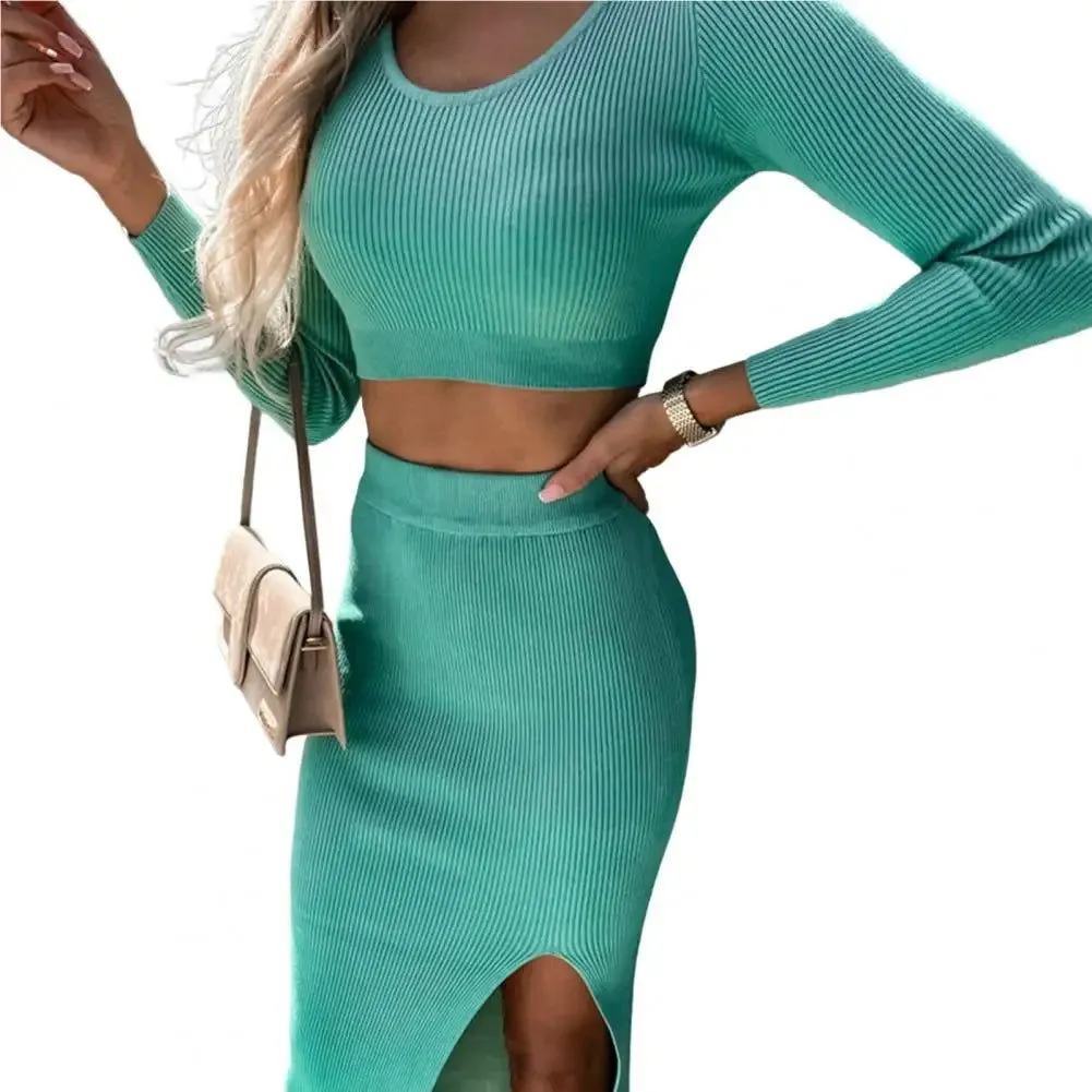 Flirty Slim Fit Breathable Crop Top and High Split Skirt Sets