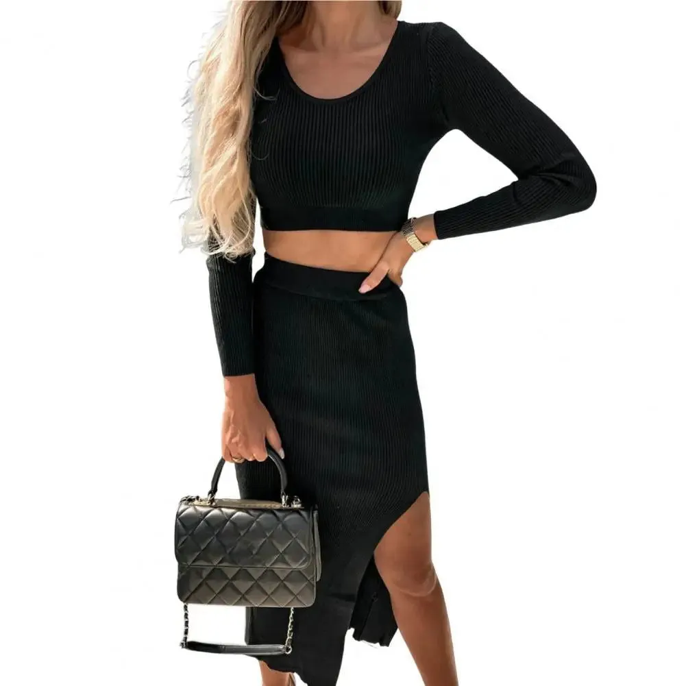 Flirty Slim Fit Breathable Crop Top and High Split Skirt Sets