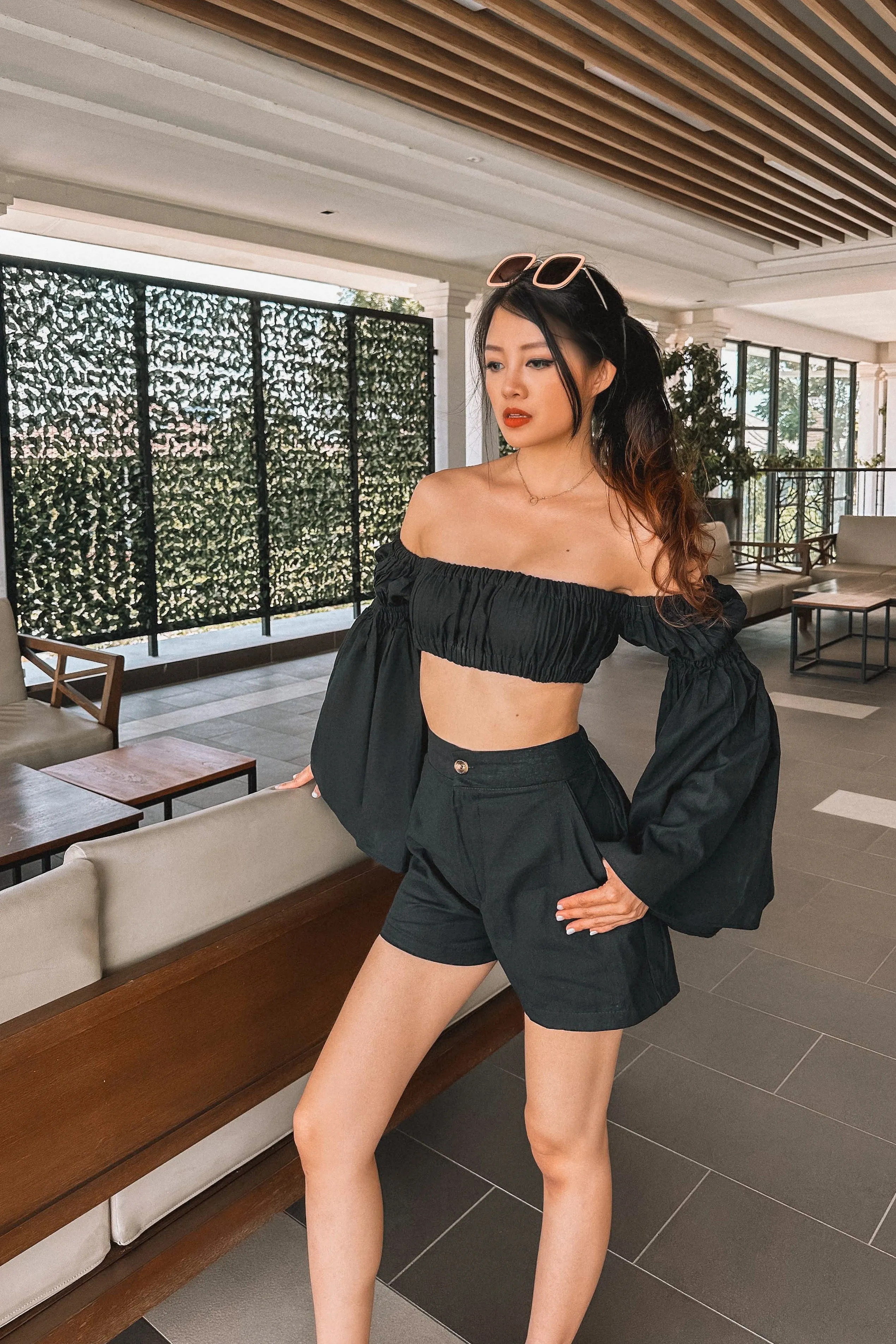 Gynalle Balloon Sleeve Shorts Co-ord Set in Black