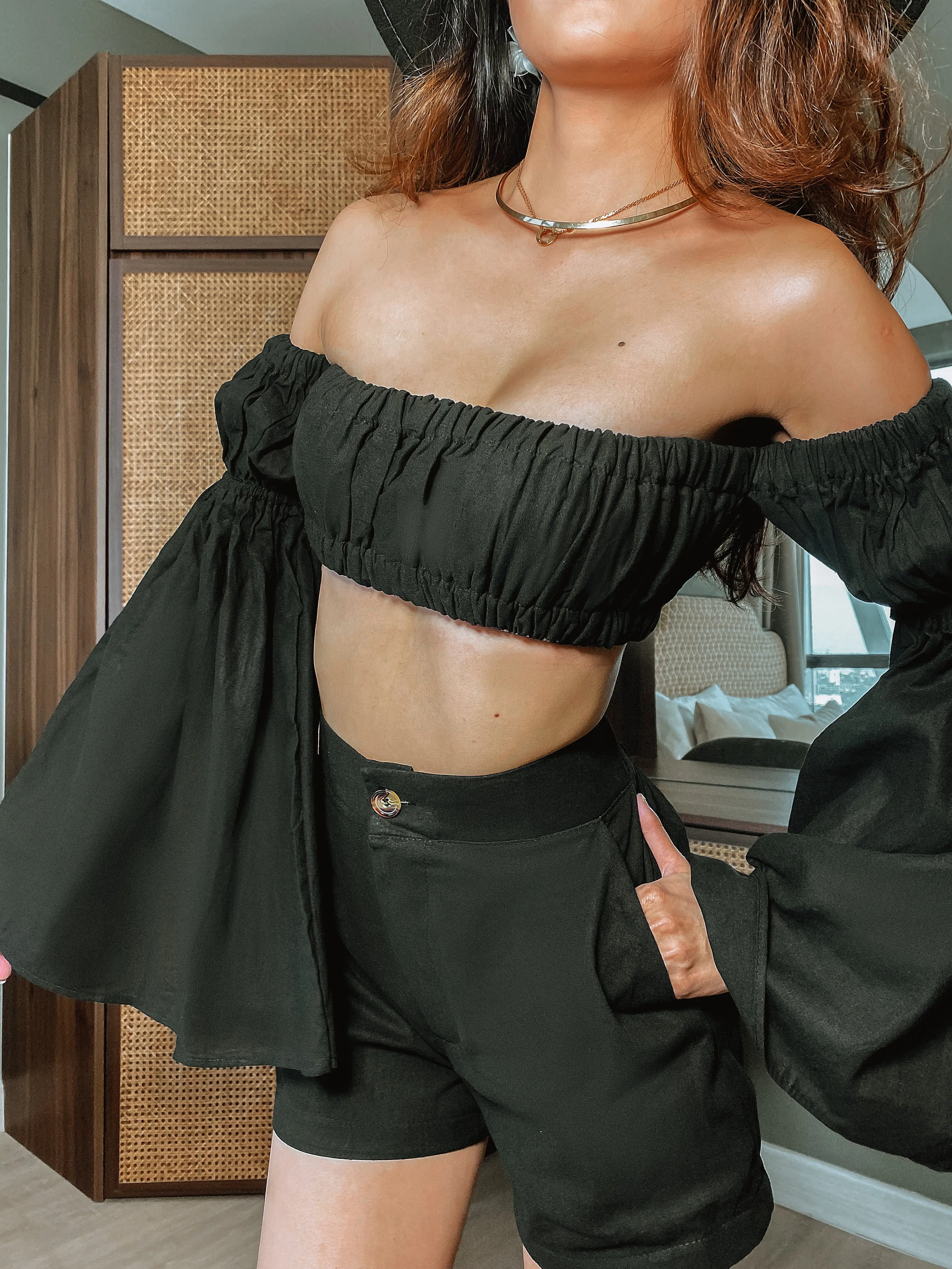 Gynalle Balloon Sleeve Shorts Co-ord Set in Black