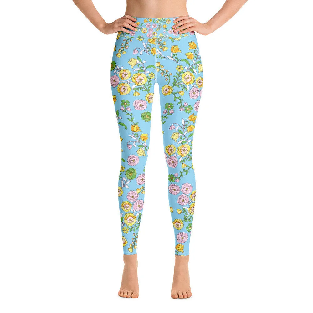 High Waist Yoga Leggings In Blue Garden