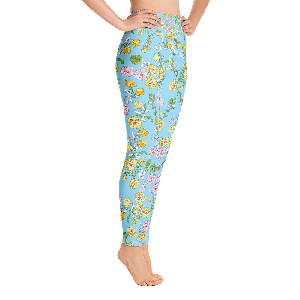 High Waist Yoga Leggings In Blue Garden