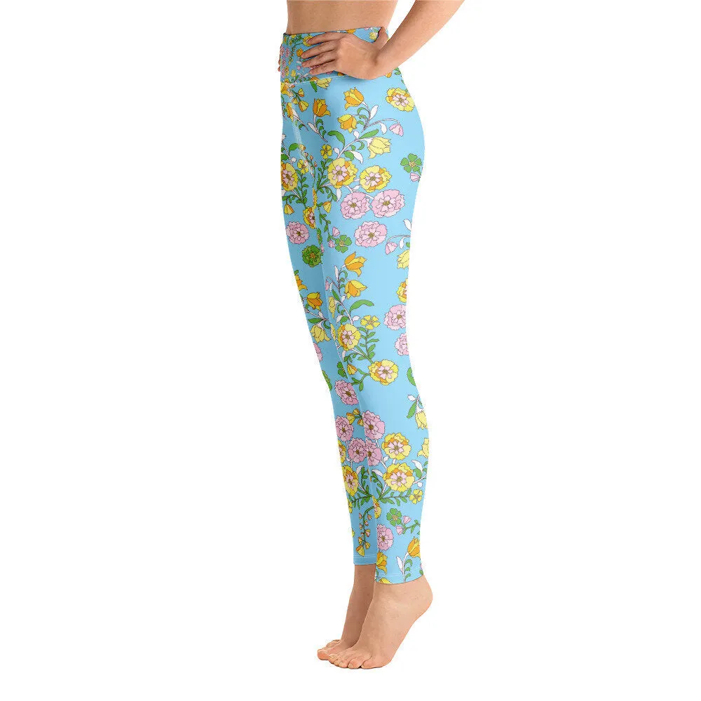 High Waist Yoga Leggings In Blue Garden