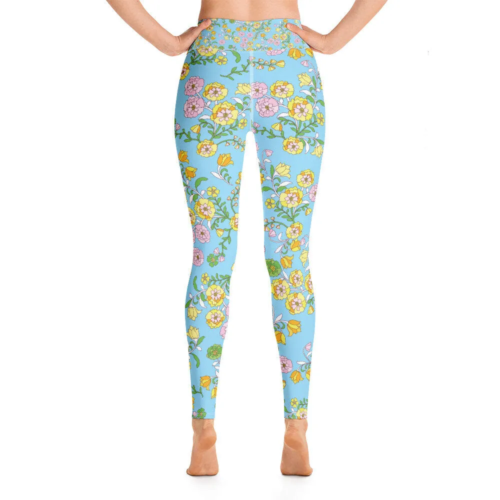 High Waist Yoga Leggings In Blue Garden