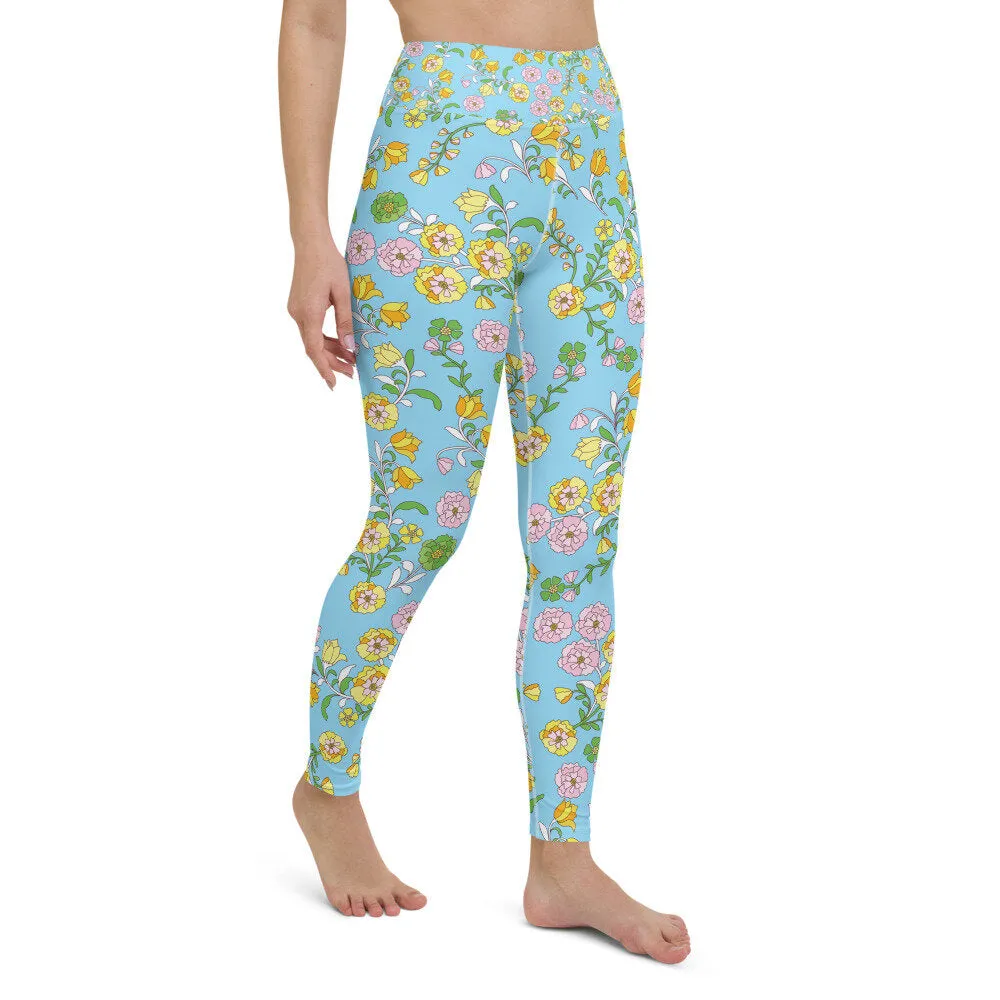 High Waist Yoga Leggings In Blue Garden