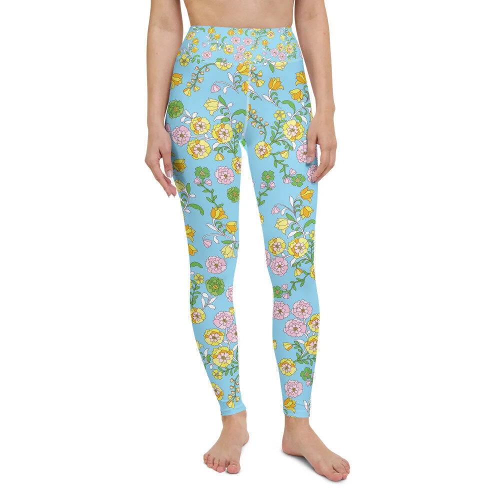 High Waist Yoga Leggings In Blue Garden