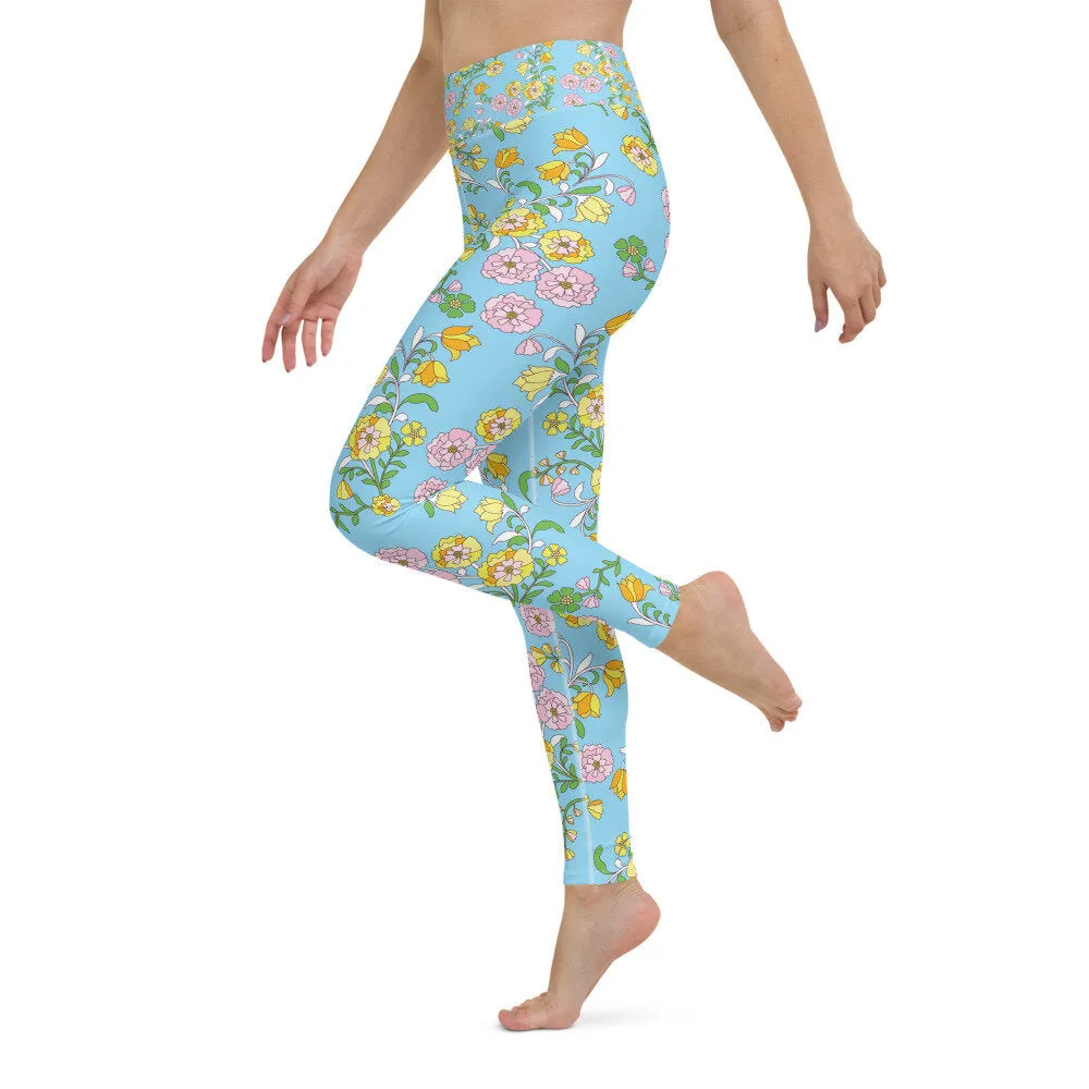 High Waist Yoga Leggings In Blue Garden