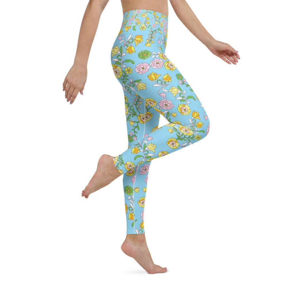 High Waist Yoga Leggings In Blue Garden