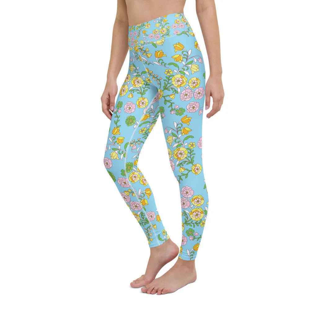 High Waist Yoga Leggings In Blue Garden