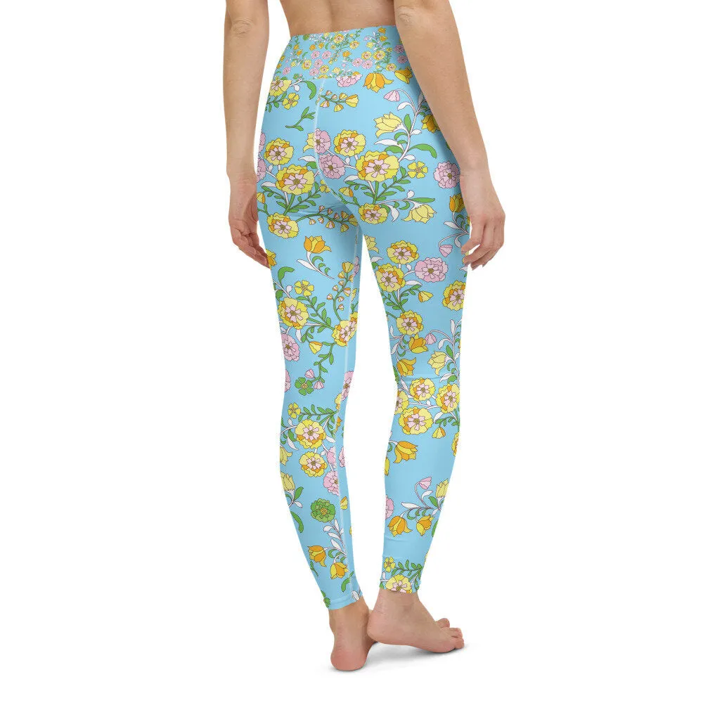 High Waist Yoga Leggings In Blue Garden