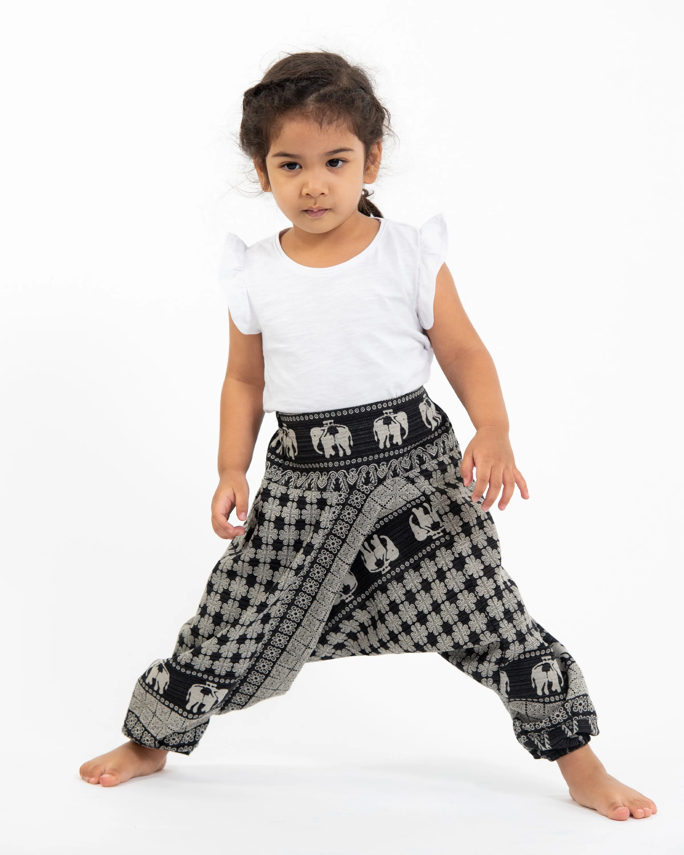 Hill Tribe Elephant Kids Harem Pants in Black