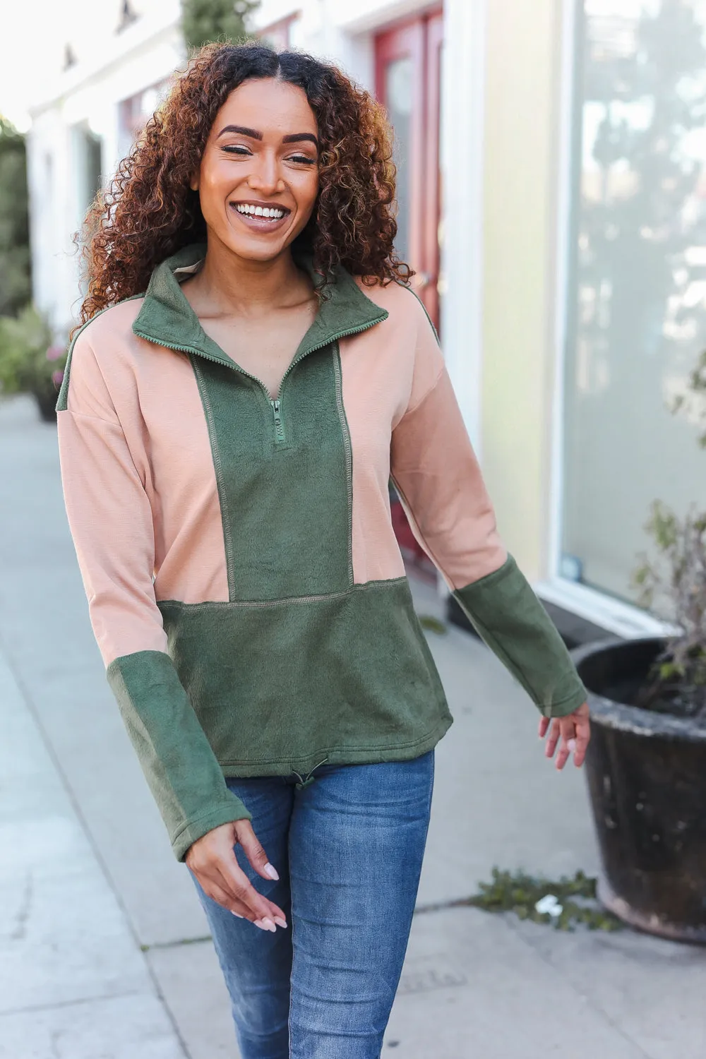 Holiday Vibes Taupe/Green Fleece Zip Up Cinched Hem Pullover