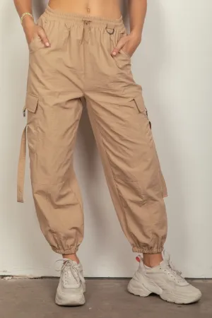 Hot Girl Elastic Waist Woven Cargo Pants In Khaki