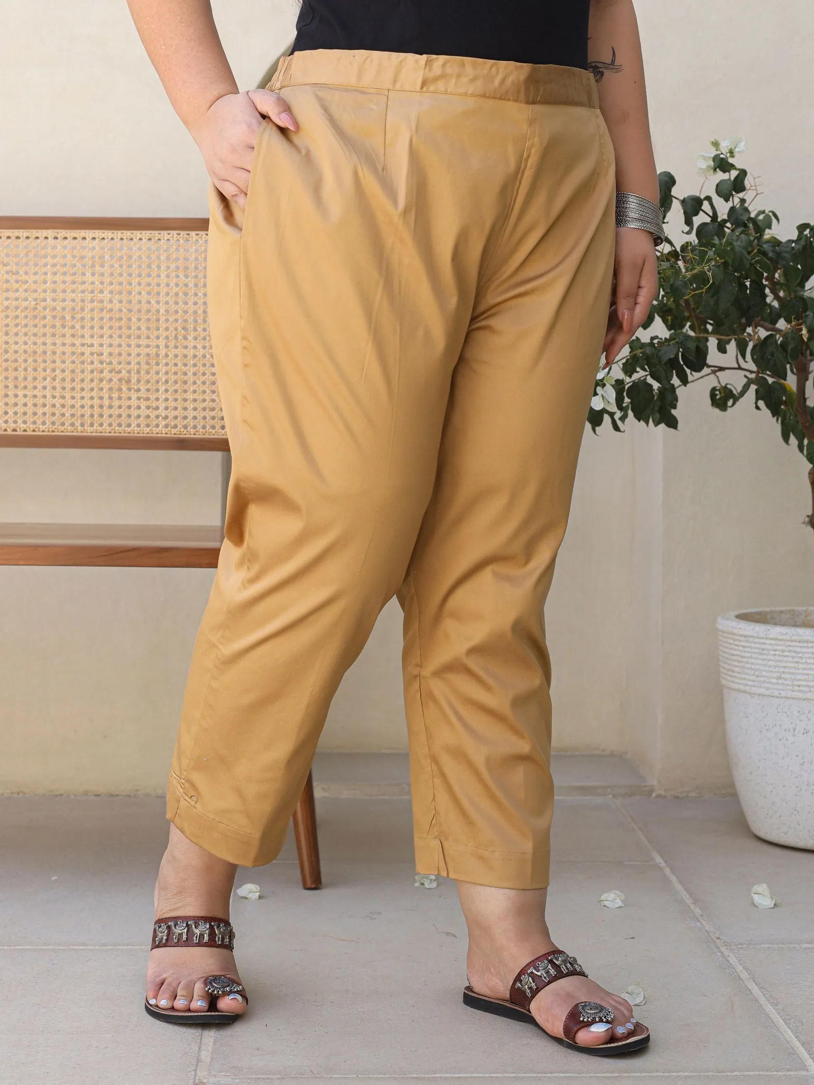 Jashvi Gold Solid Lycra Women Drawstring Plus Size Pants With Single Side Pocket