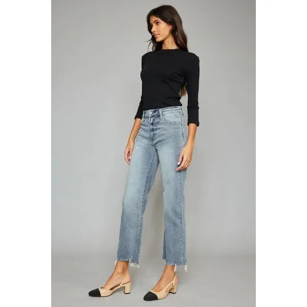 Kancan High Waist Raw Hem Cropped Wide Leg Jeans