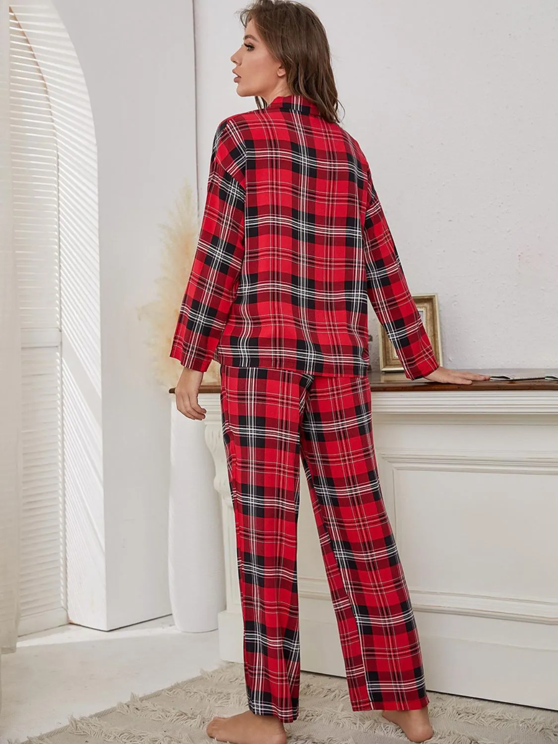 kesley Plaid Collared Neck Long Sleeve Top and Pants Lounge Set christmas pajamas unisex