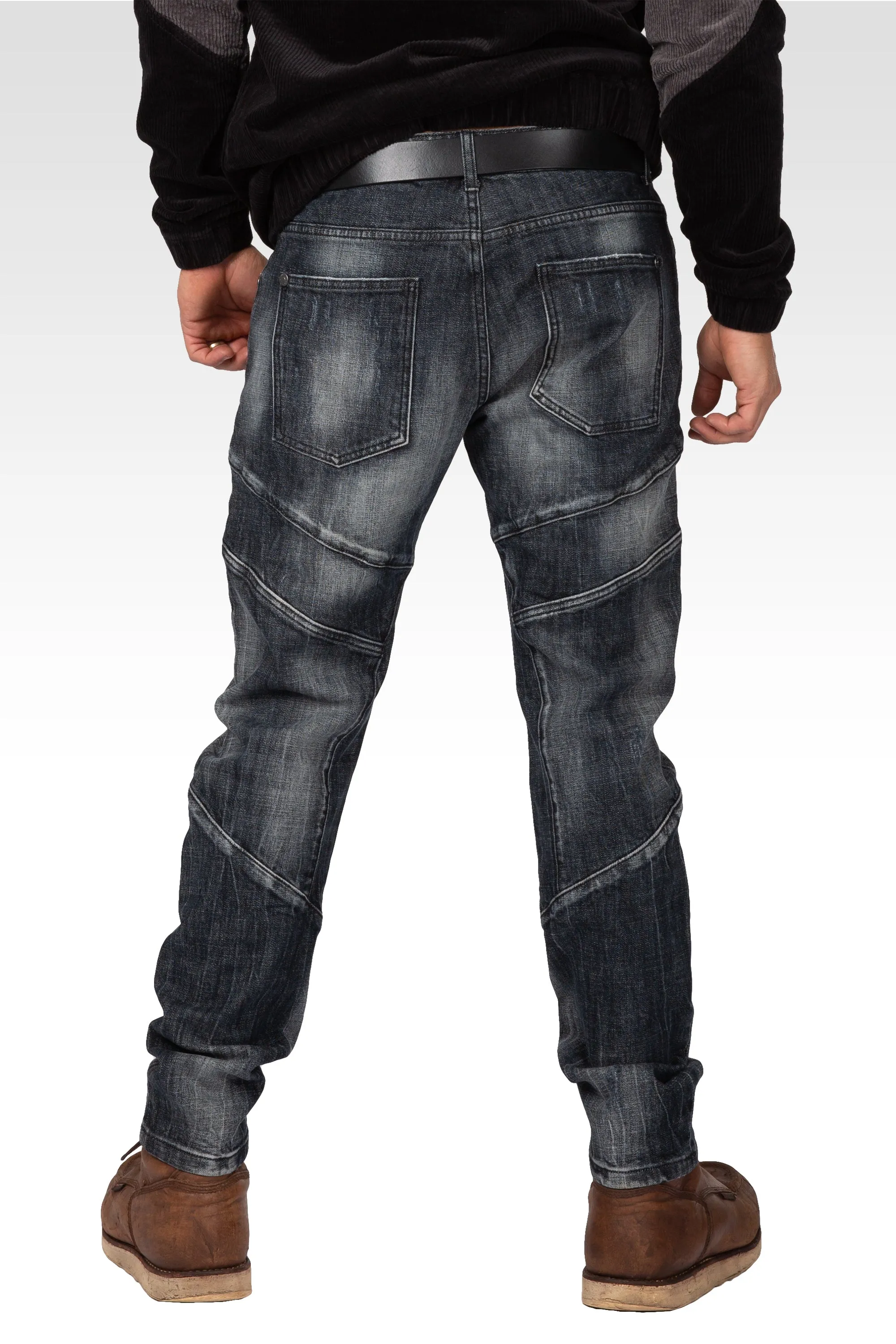 Level 7 Men's Curve Leg Slim Taper Moto Jeans Blasted Black Cut & Sewed Detail