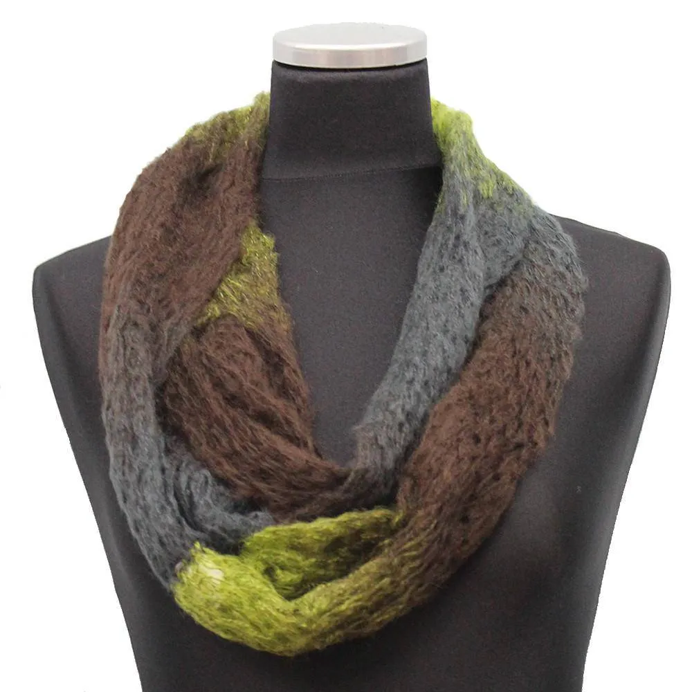 Mohair-like Space Dyed Infinity Muffler-Khaki/Chocolate/Grey Combo