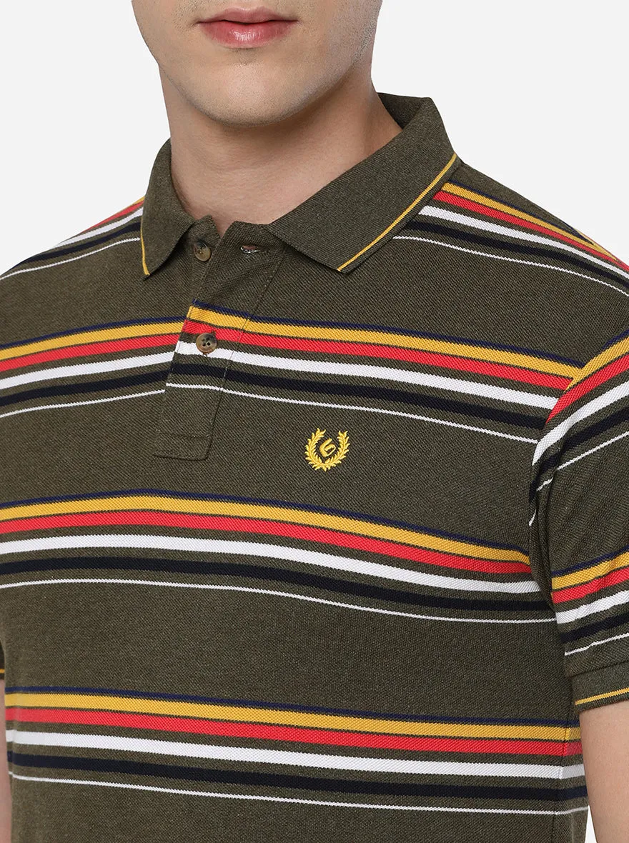 Olive Striped Slim Fit Polo T-Shirt | Greenfibre