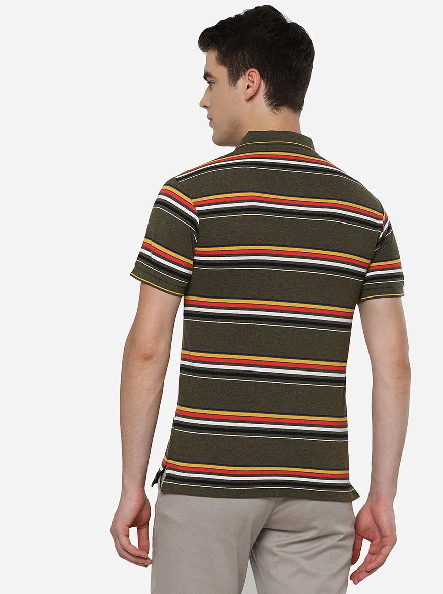 Olive Striped Slim Fit Polo T-Shirt | Greenfibre