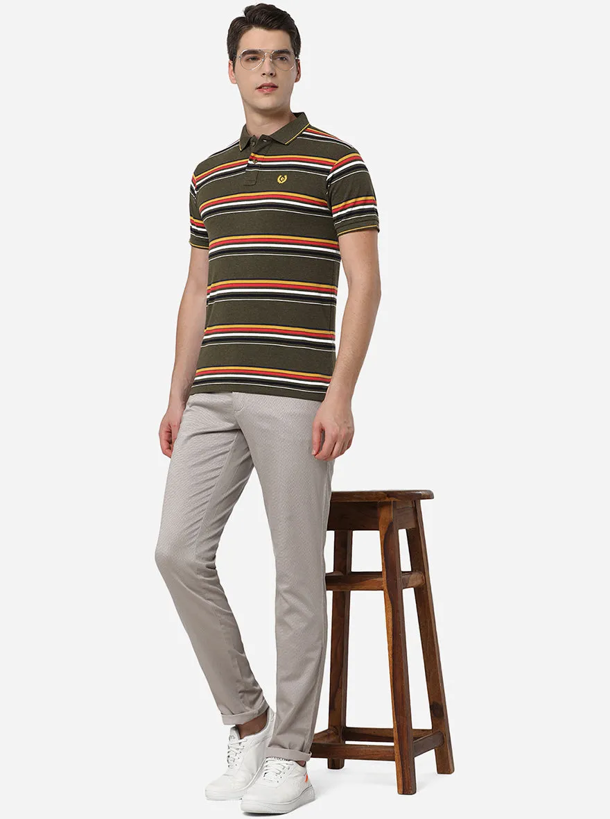 Olive Striped Slim Fit Polo T-Shirt | Greenfibre