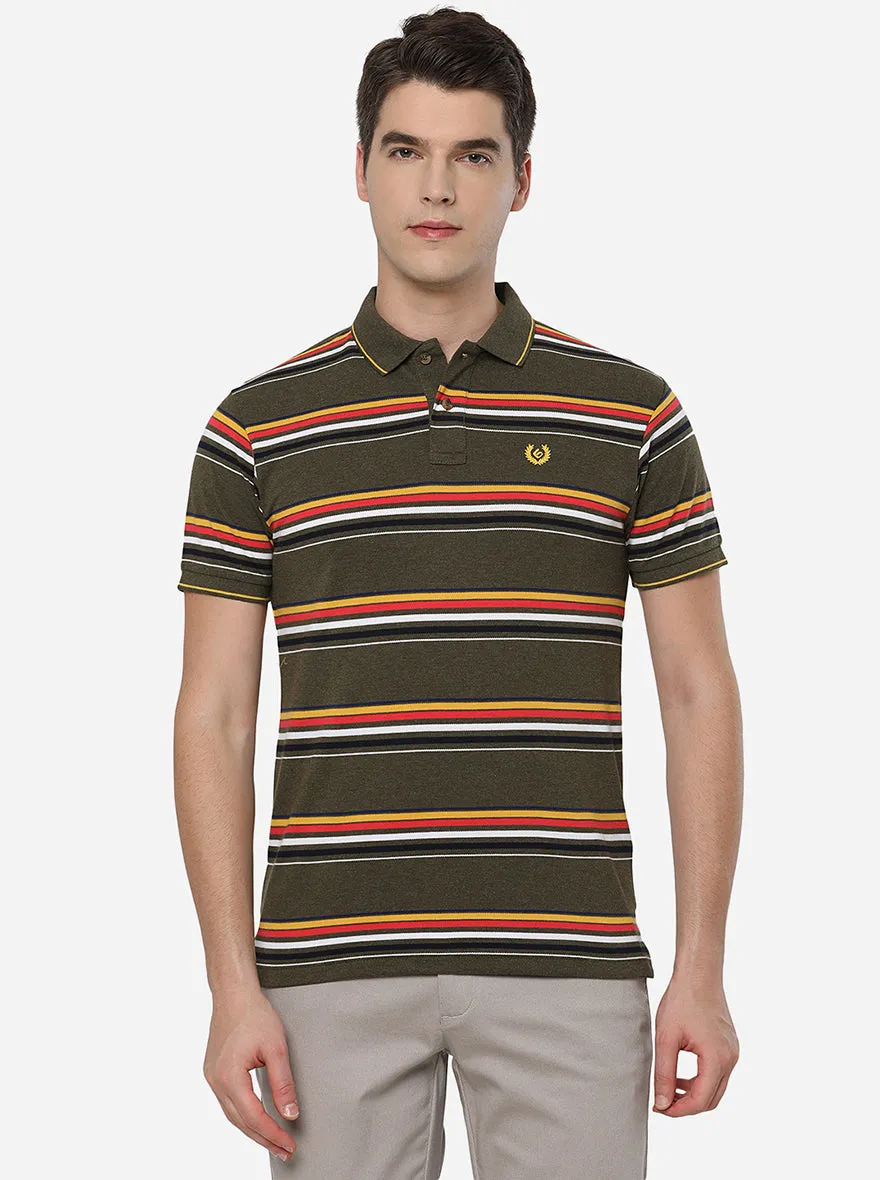 Olive Striped Slim Fit Polo T-Shirt | Greenfibre