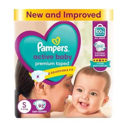 Pampers Active Baby Tape Style Diapers, Small (S) Size, 92 Count, Adjustable Fit with 5 star skin protection, 3-8kg Diapers