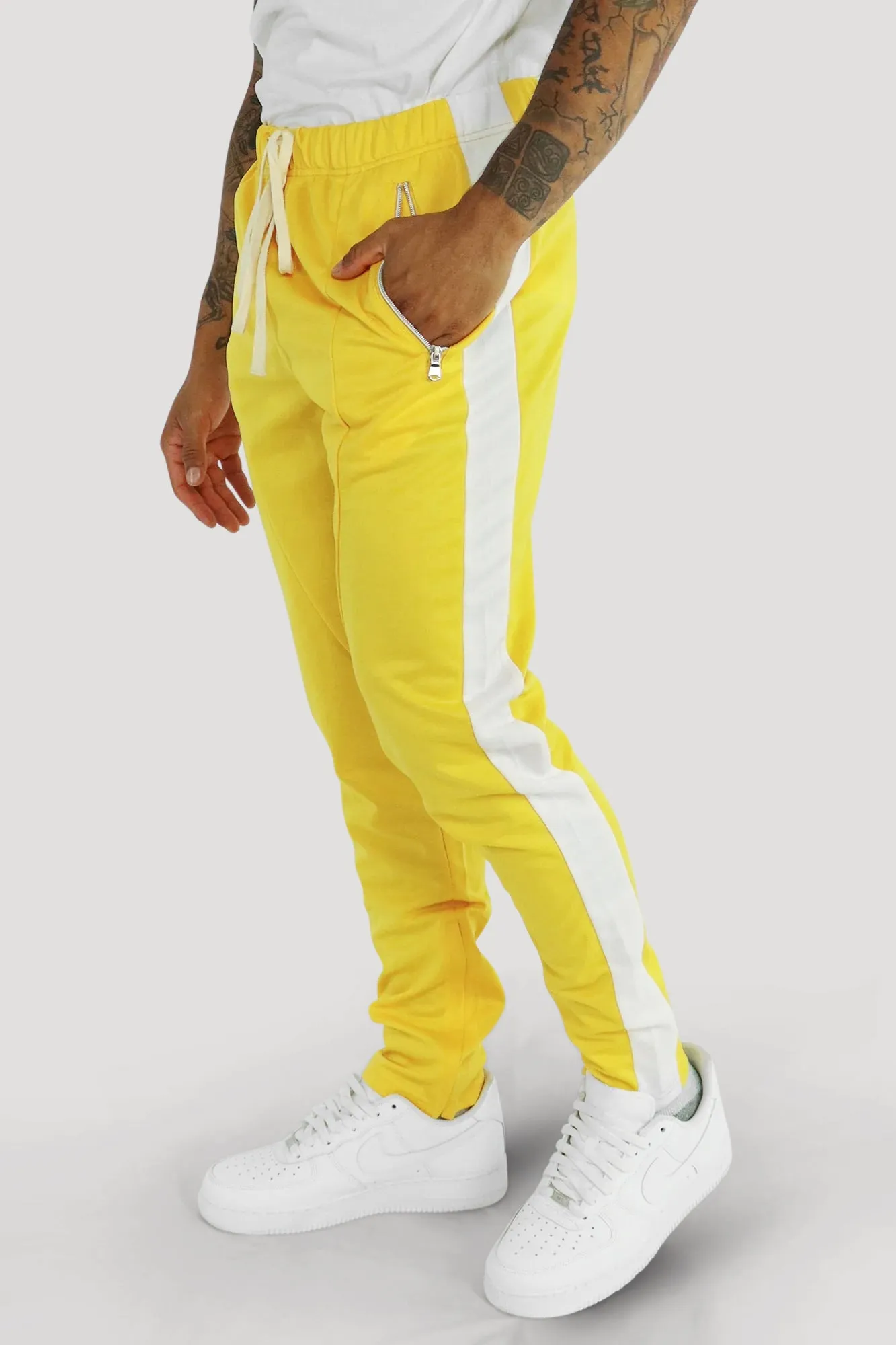 Premium Side Stripe Zip Pocket Track Pants (Yellow - White)