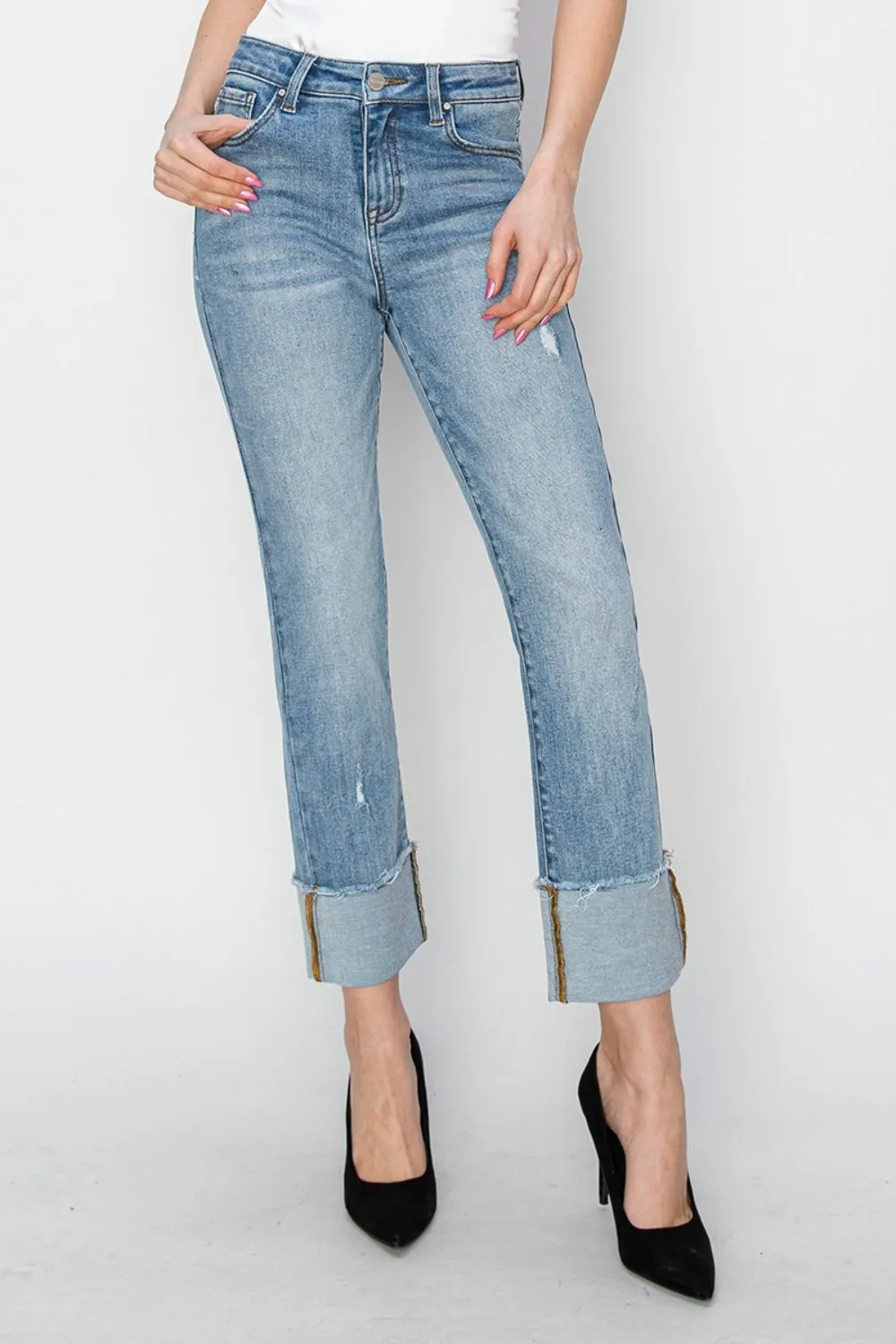 RISEN Full Size High Rise Cuffed Slim Straight Jeans