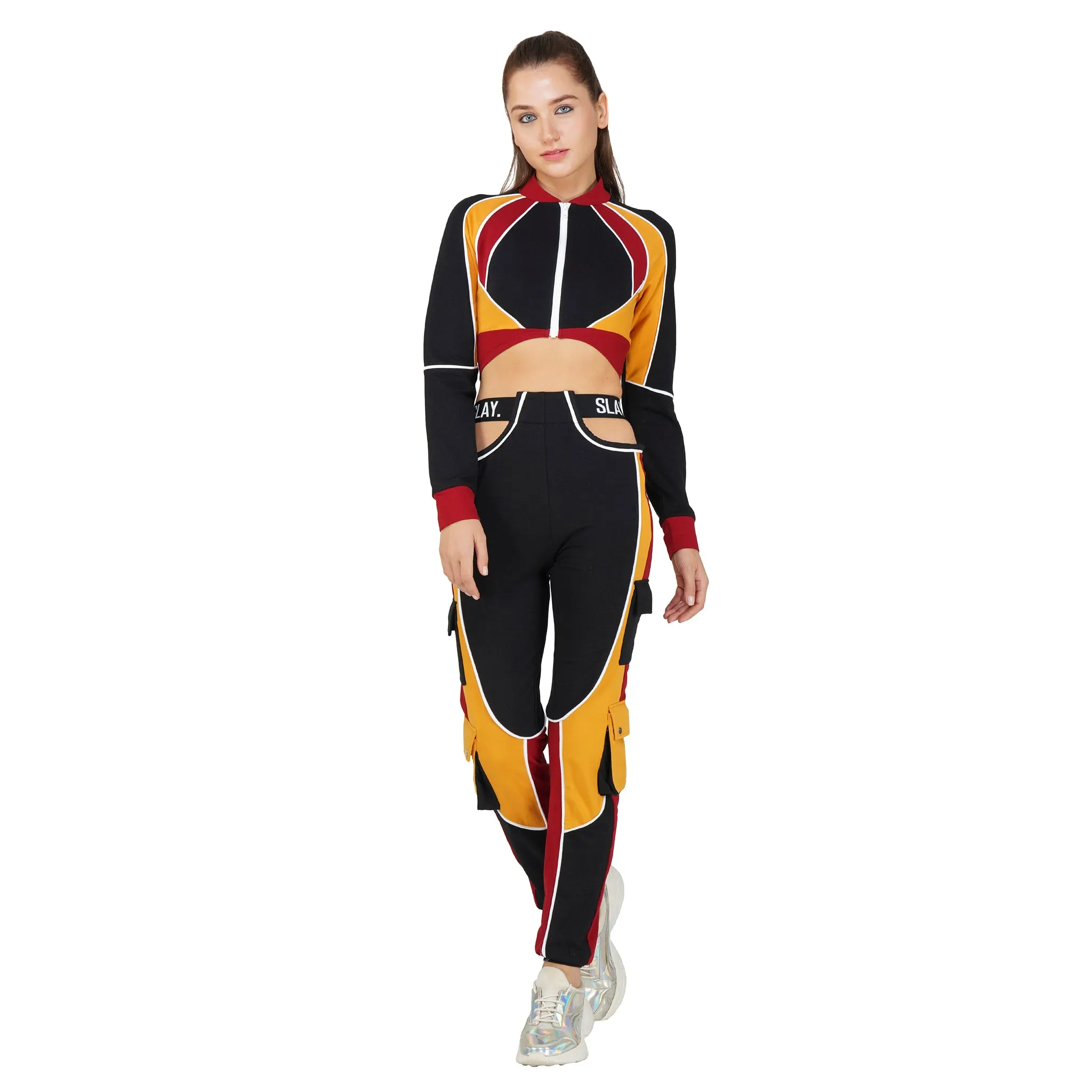 SLAY. Women's Activewear Tracksuit Colorblock Crop Jacket &  High Waist Cargo Pants Co-ord Set