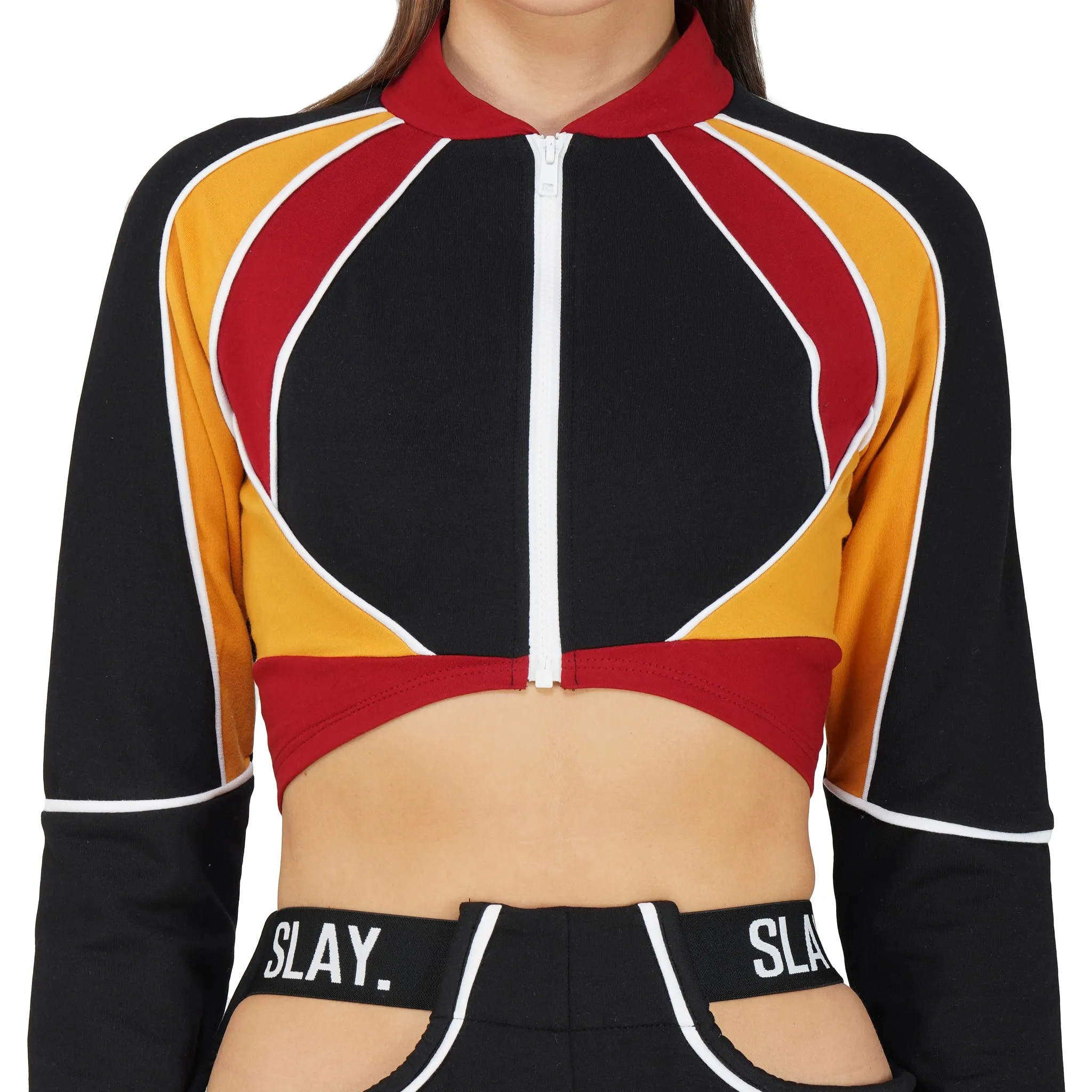 SLAY. Women's Activewear Tracksuit Colorblock Crop Jacket &  High Waist Cargo Pants Co-ord Set