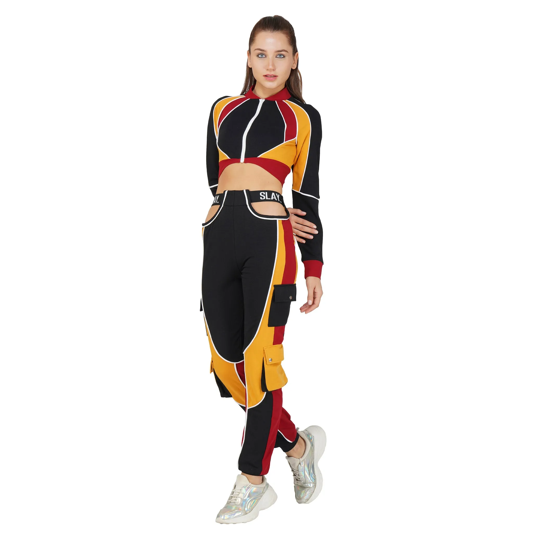 SLAY. Women's Activewear Tracksuit Colorblock Crop Jacket &  High Waist Cargo Pants Co-ord Set