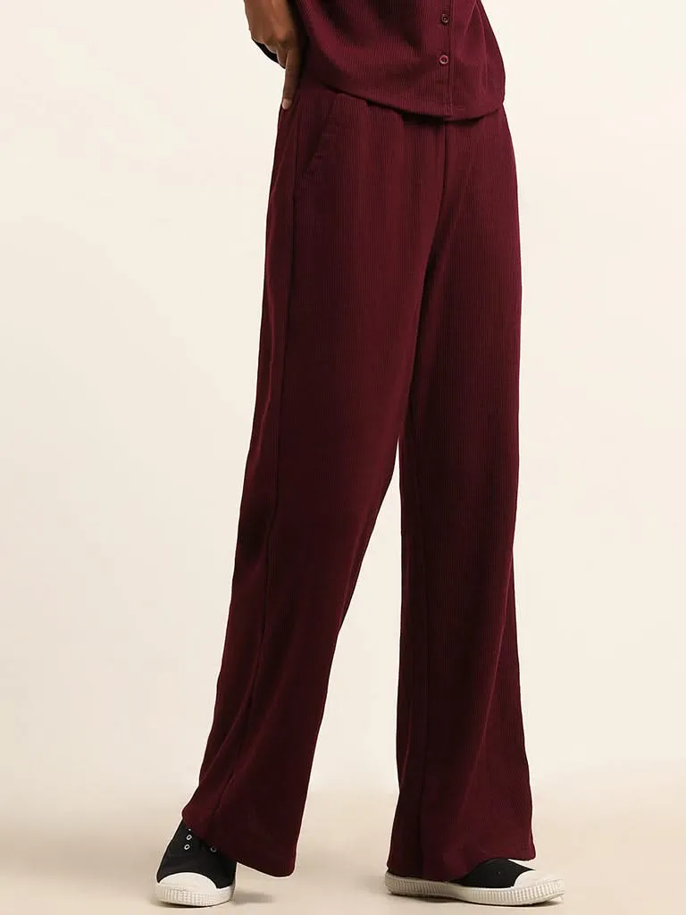 Superstar Burgundy Ribbed Wide-Leg Mid-Rise Pants