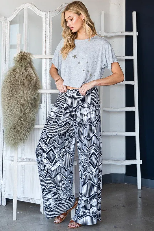 TEEK - BLACK WHITE VINTAGE PRINT POCKETED WIDE PANTS